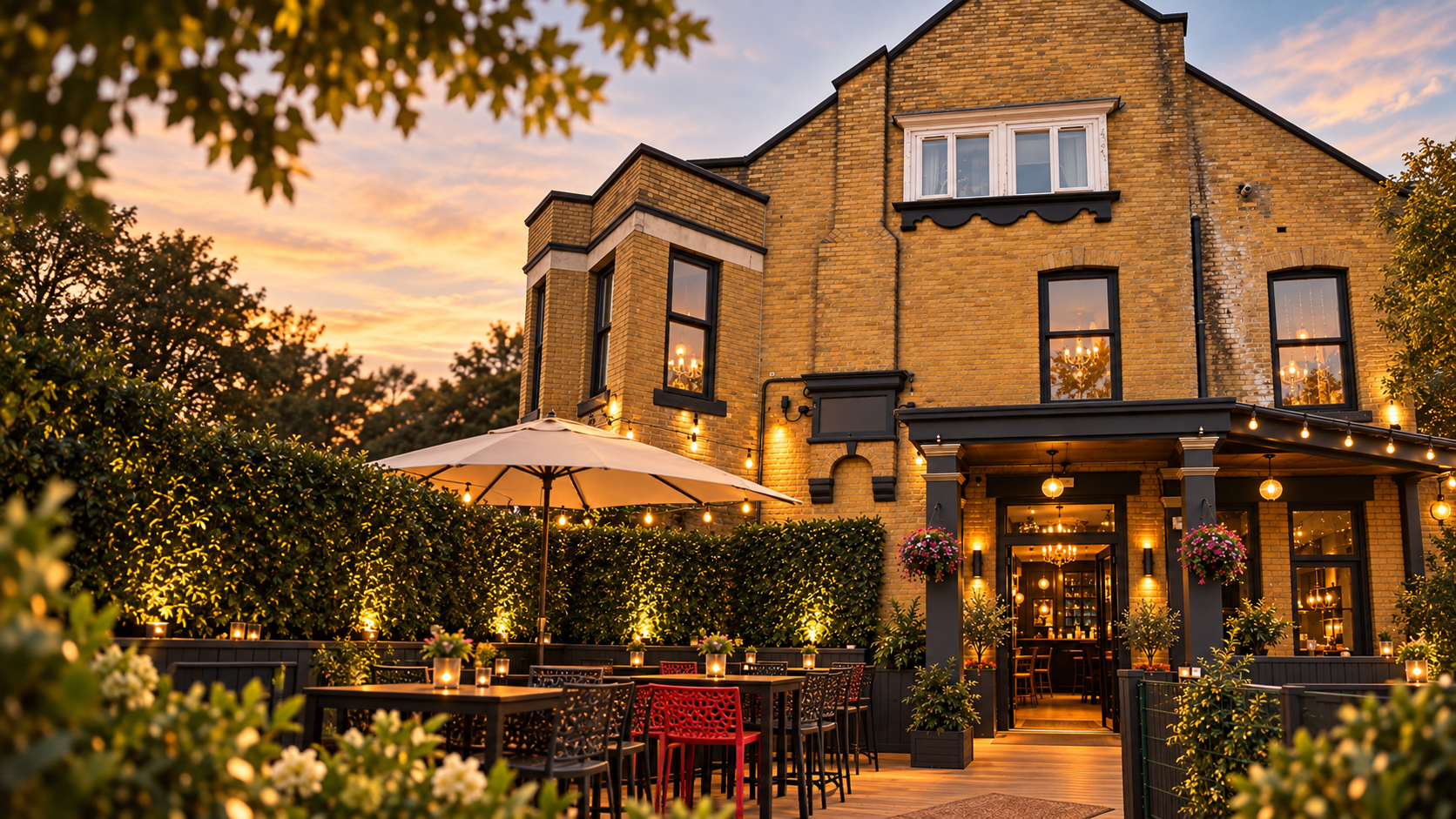 The restaurant’s yellow-brick exterior and welcoming terrace, warmly lit at sunset